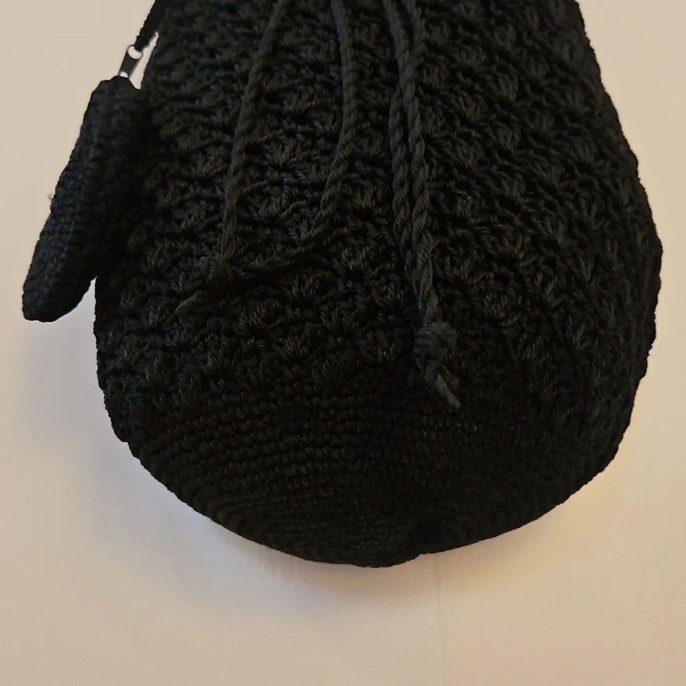 Vintage Black Crochet Drawstring Nap Sack Hobo Festival Bag with Coin Pouch